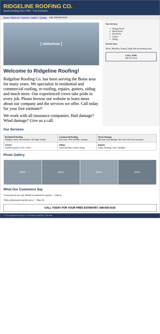 Today: an outdated roofing website shrunk down on a phone, with tiny text
